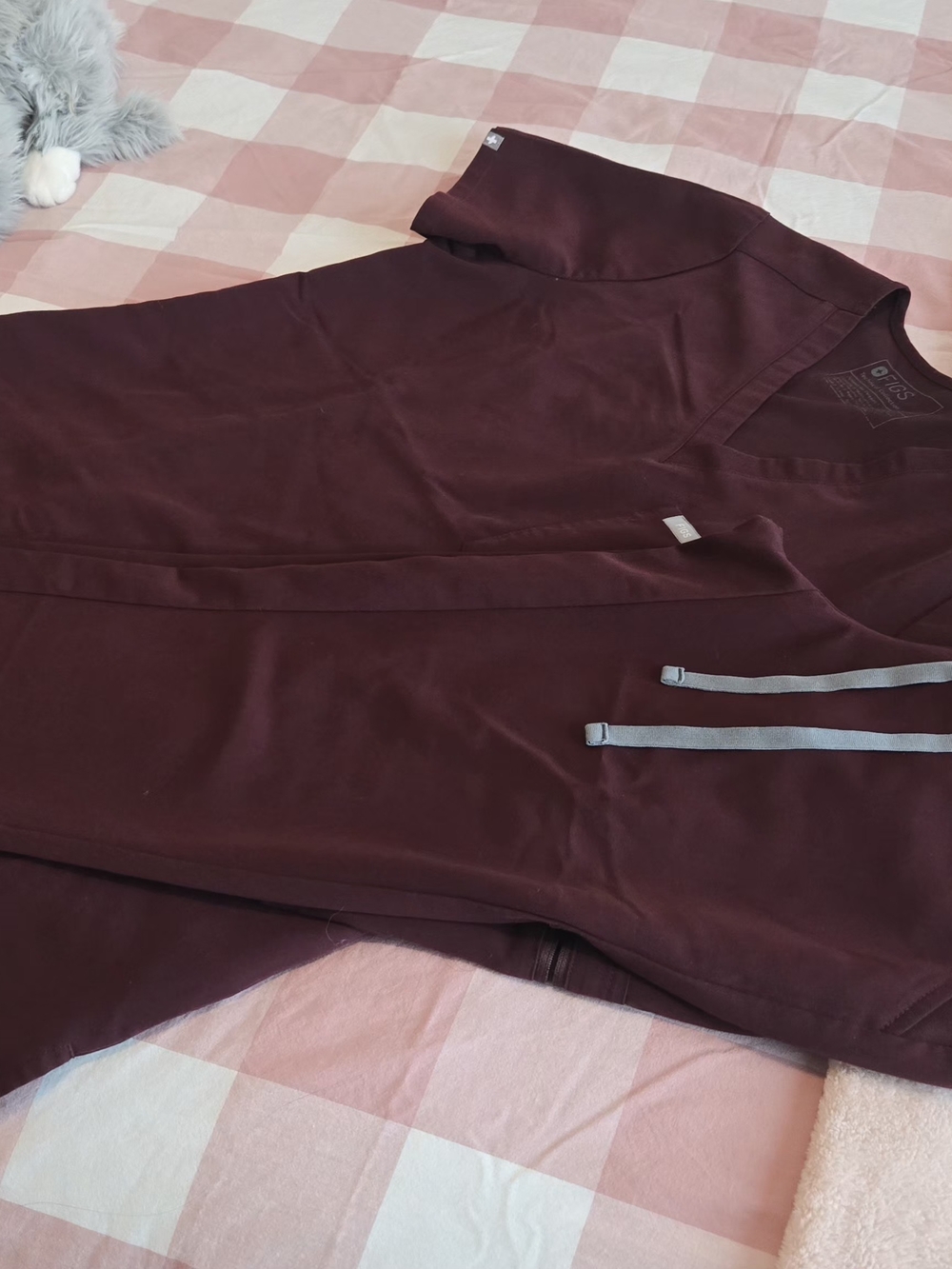 Figs Women's Scrub Top in Burgundy with Gray Trim